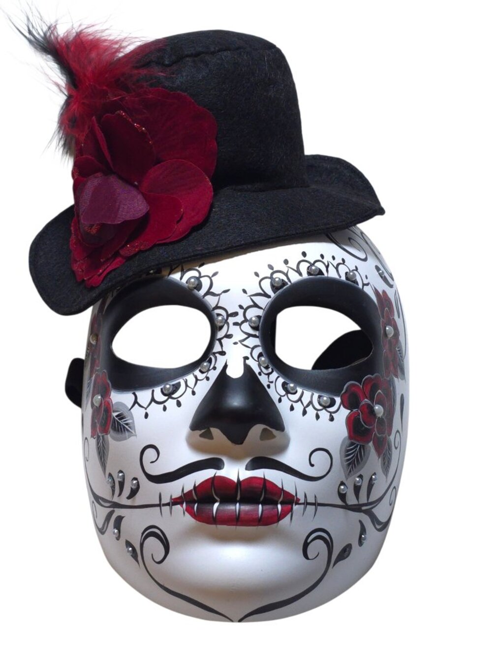 Day of the Dead Sugar Skull Mask Top Hat Red Rose Rhinestone Halloween
